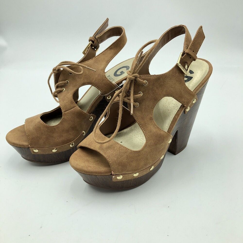 G By GUESS Brown Lace Up Sling Back Open Toe Suede Leather Heel Pump Size 6.5